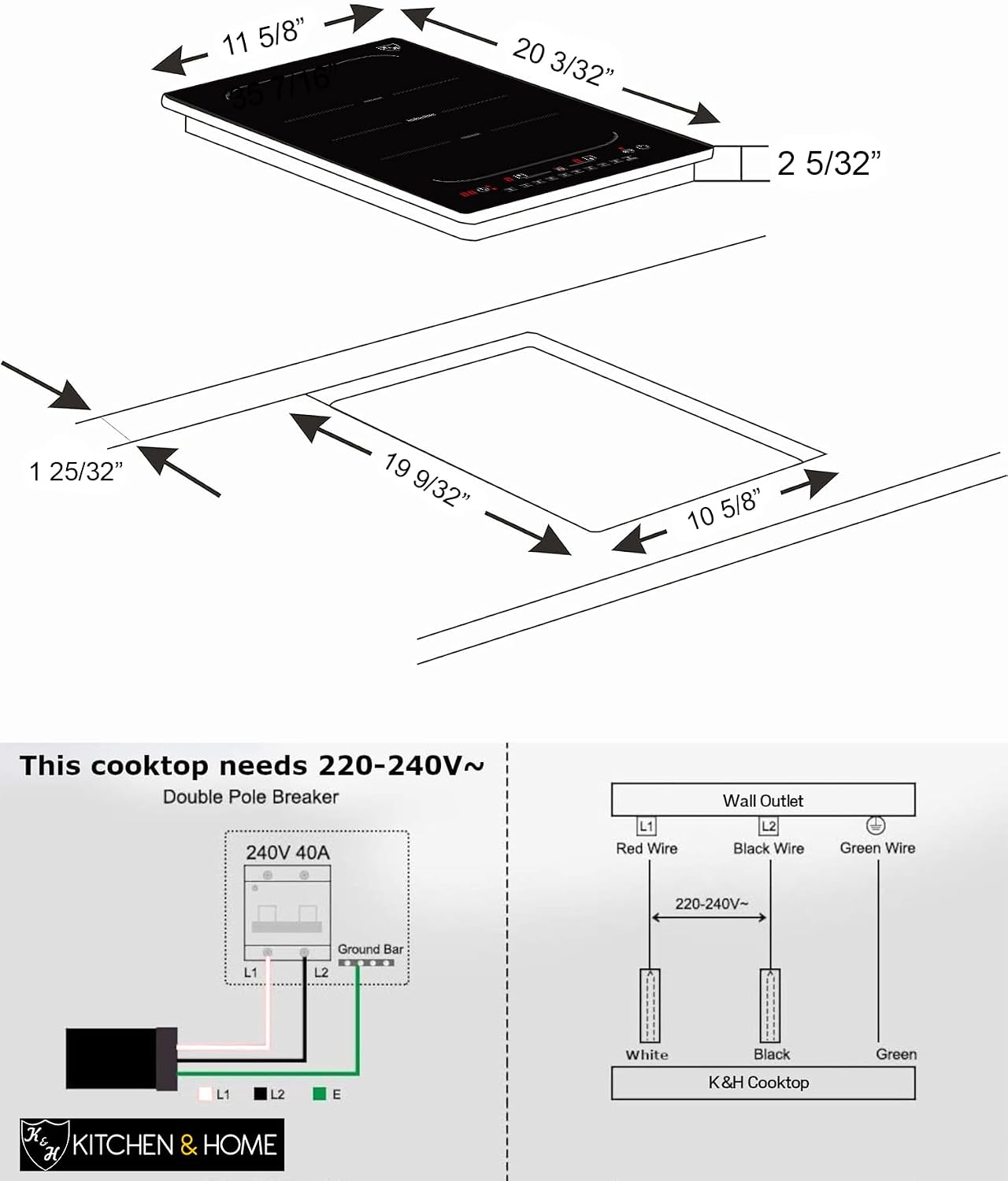 K&H 2 Burner 12 Inch Built-in Induction FLEX BURNER Electric Stove Top Ceramic Cooktop 240V 3100W INDV-38FX