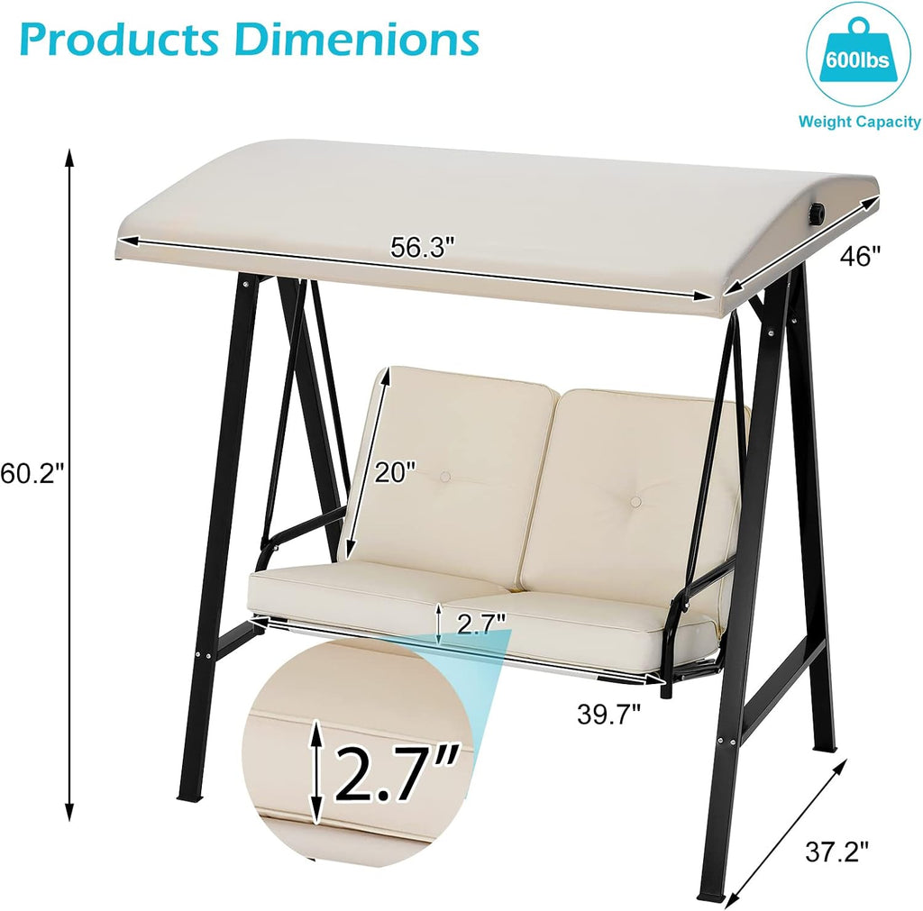 AECOJOY Outdoor Patio Swing Chair for Adults, 2-Seat Porch Swings with Adjustable Canopy, Outside Swing Bench with Removable Cushion, Suitable for Backyard, Garden, Yard, Poolside, Balcony (Beige)