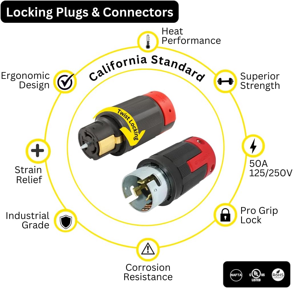 Spider Box Twist-Lock Generator Power Extension Cord, 50 Amp, 125/250V, SOOW Cable Type, Gauge 6/4, Professional-Grade Outdoor California Standard Locking Extensions, 25' Long, Black