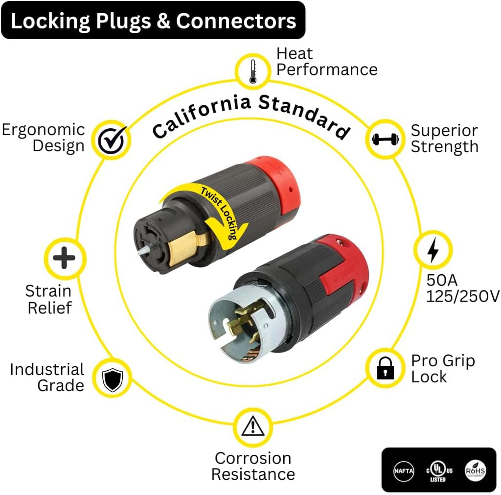 Spider Box Twist-Lock Generator Power Extension Cord, 50 Amp, 125/250V, SOOW Cable Type, Gauge 6/4, Professional-Grade Outdoor California Standard locking extensions, 100' Long, Black