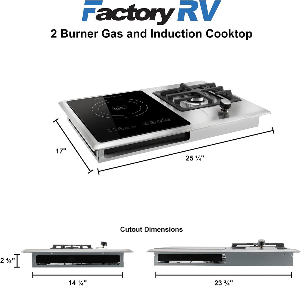 ToughGrade 2 Burner RV Cooktop, 1 x 1600W Induction Burner, 1 x 6500BTU Gas Burner | RV Cooktop | Camper Cooktop
