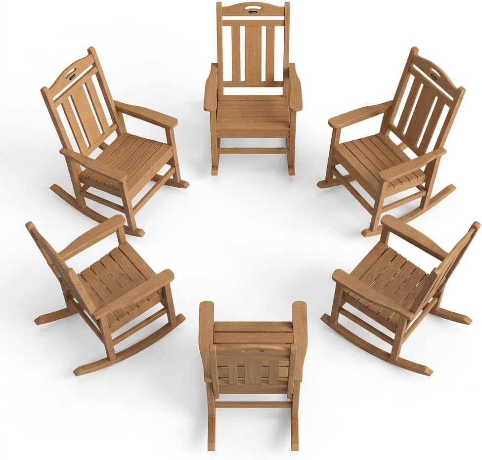 Ciokea Oversized Outdoor Rocking Chairs Set of 6, 380lbs Heavy-Duty Large Patio Rocker, High Back Cozy Porch Chairs, Weather Resistant Patio Rocking Chairs for Outside, Fire Pit, Deck, Teak