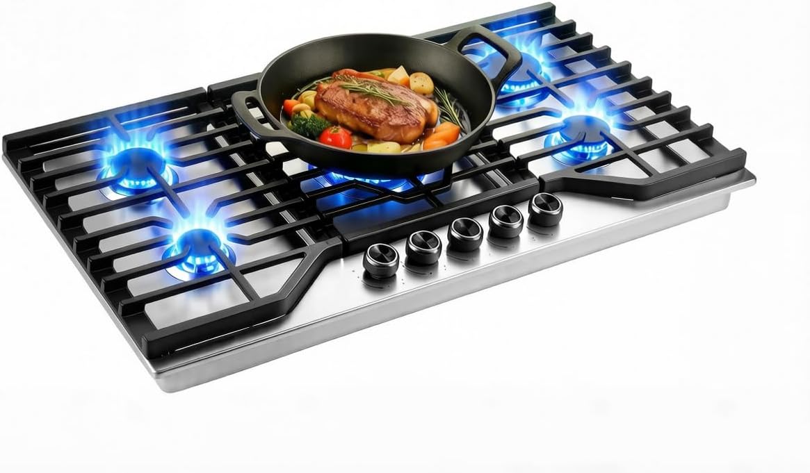 36 Inch Built-in Gas Cooktop 5 Italy SABAF Sealed Burners 40400 BTU Stainless Steel NG/LPG Convertible Cast Iron Grates ETL Certified
