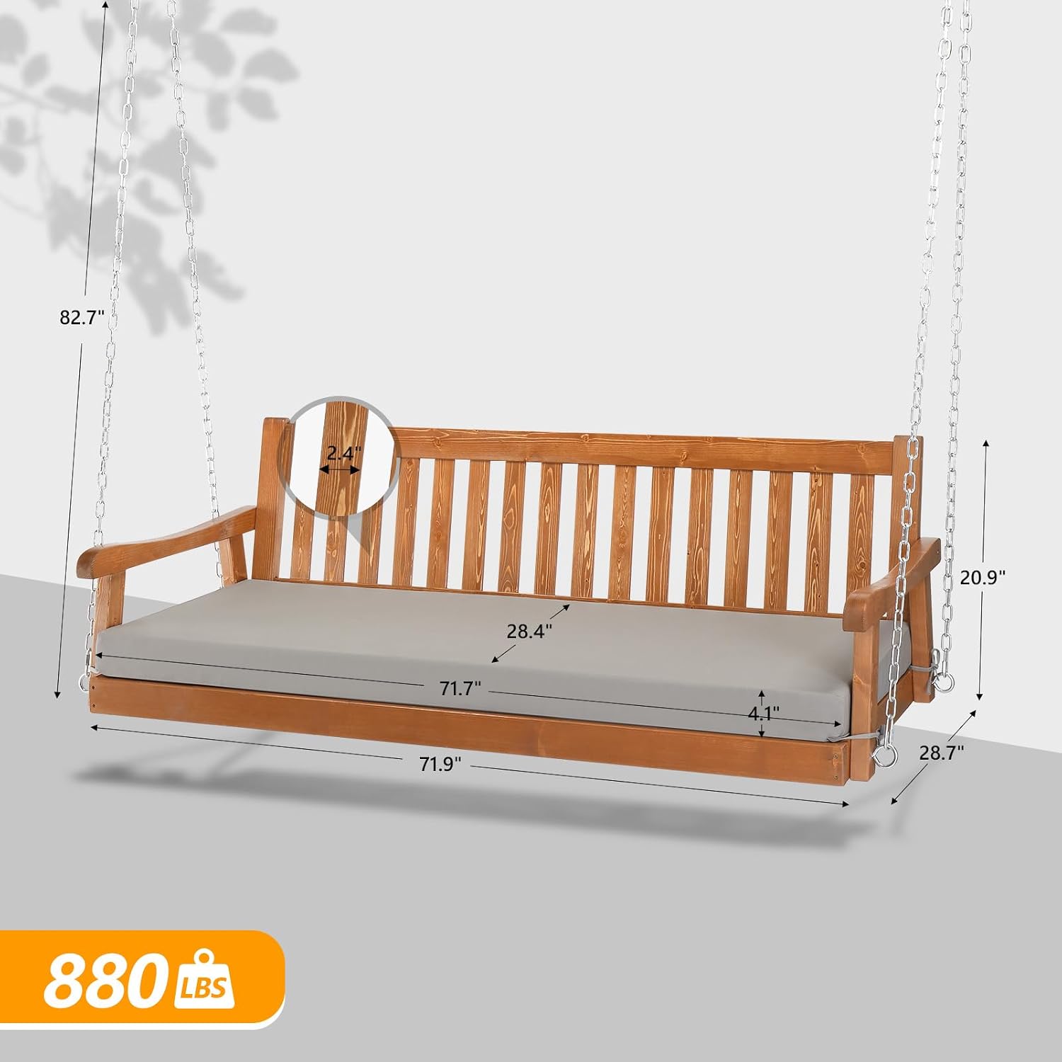 VINGLI 6 FT Outdoor Porch Swing Daybed, Upgraded Patio Hanging Swing Sofa Bench with Cushions Support 880 LBS for Yard, Garden, Brown