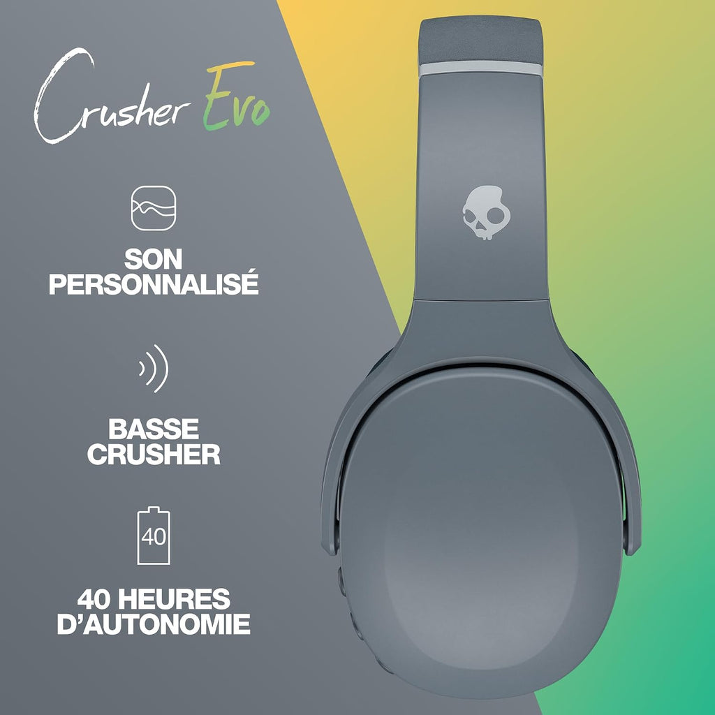 Skullcandy Crusher Evo Wireless Bluetooth Headphones with Extra USB-C Charging Cable, Multi-Sensory Bass, Noise Isolating Over-Ear Fit, 40 Hours Battery, Microphone for iPhone Android - Chill Grey