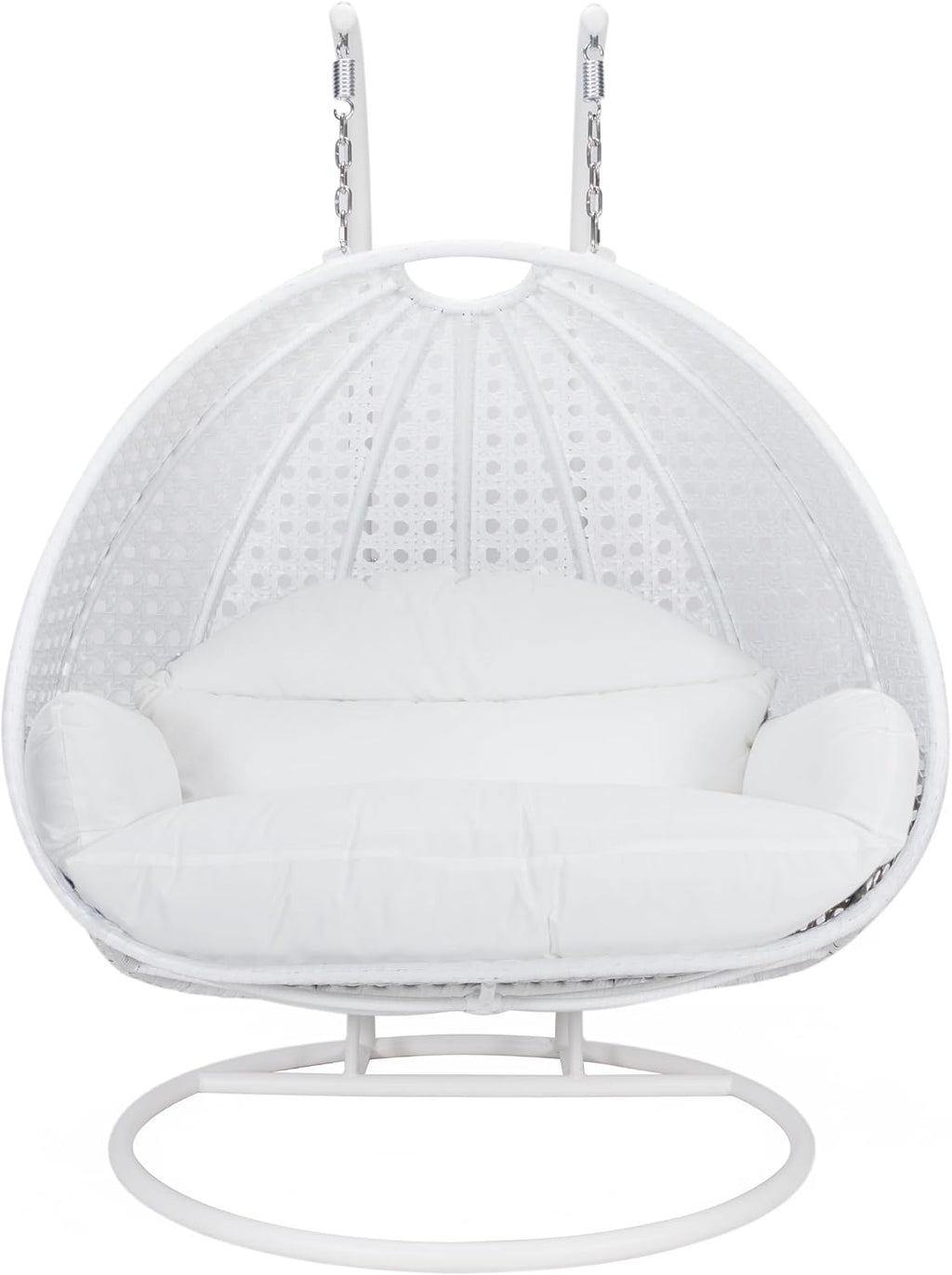 LeisureMod 2 Person Hanging Egg Chair, Indoor Outdoor Patio Lounge Swing with White Stand & UV-Resistant Cushions, Hammock Chair for Bedroom & Garden, White