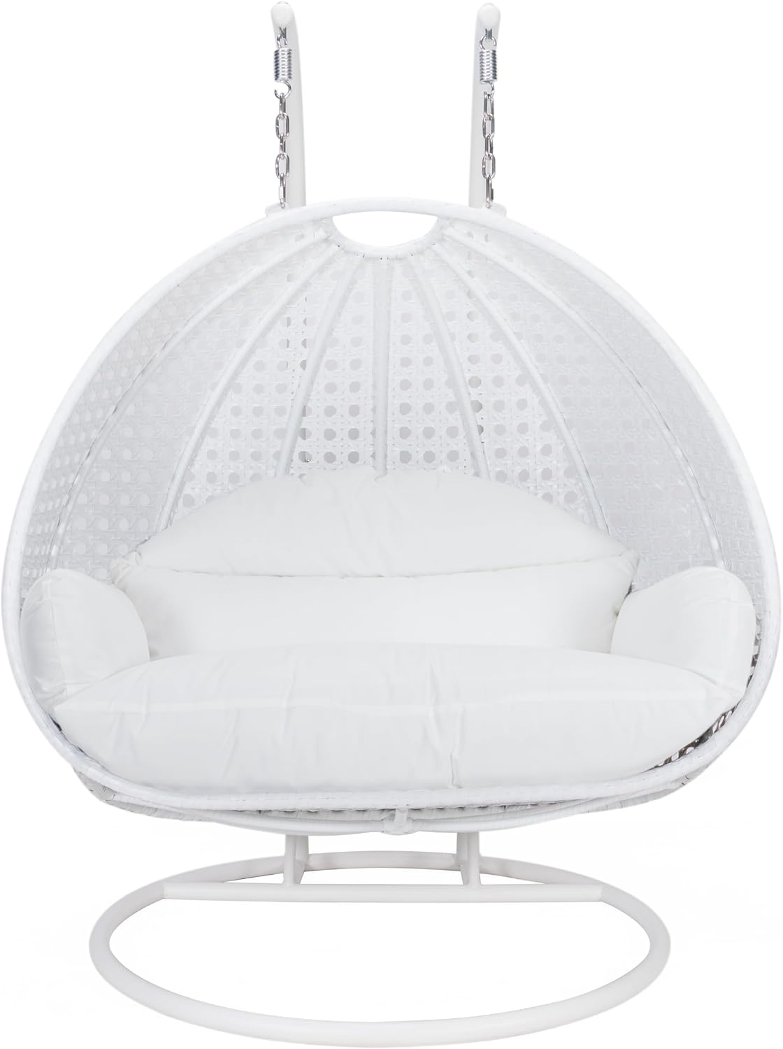 LeisureMod 2 Person Hanging Egg Chair, Indoor Outdoor Patio Lounge Swing with White Stand & UV-Resistant Cushions, Hammock Chair for Bedroom & Garden, White