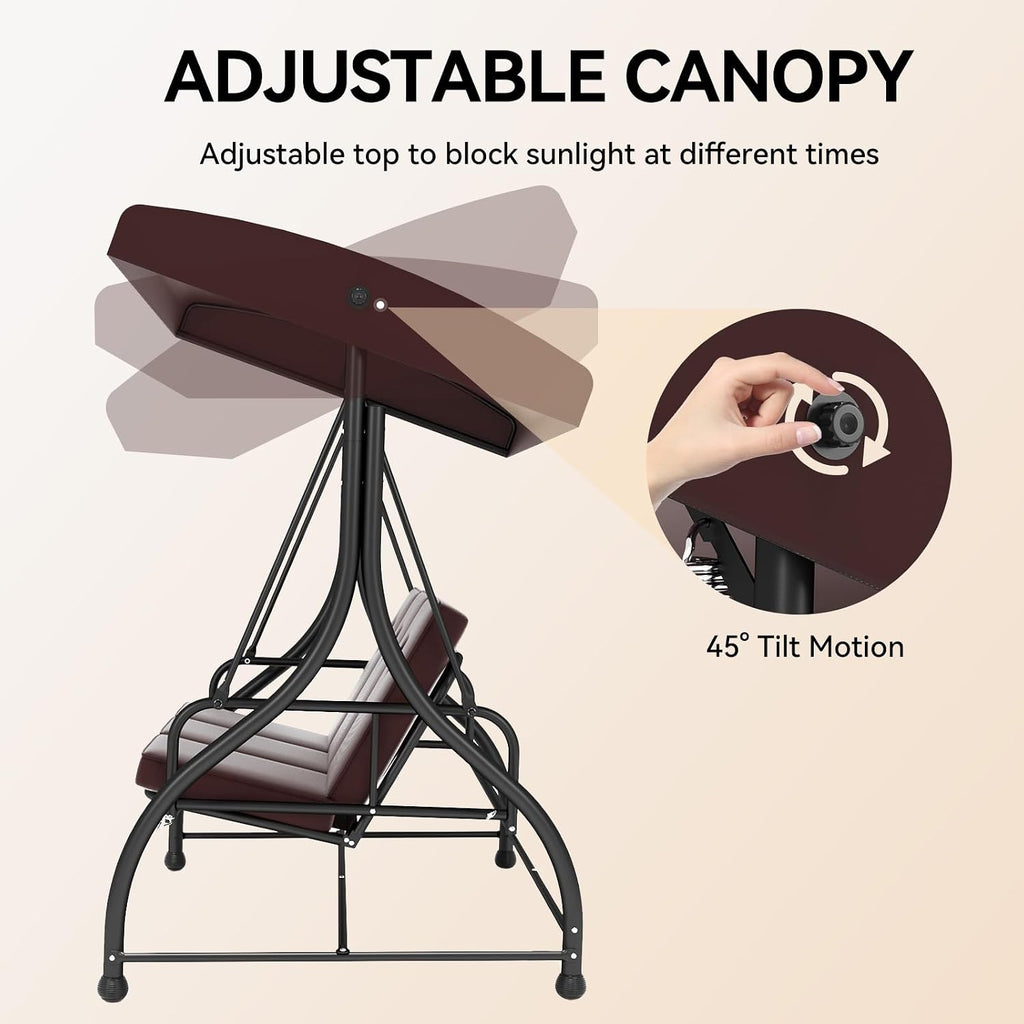 3-Seat Outdoor Patio Swing Glider - Heavy Duty Steel Frame with Adjustable Canopy & Removable Cushions - All Weather Porch Swings Chair for Backyard, Garden, Poolside - Brown