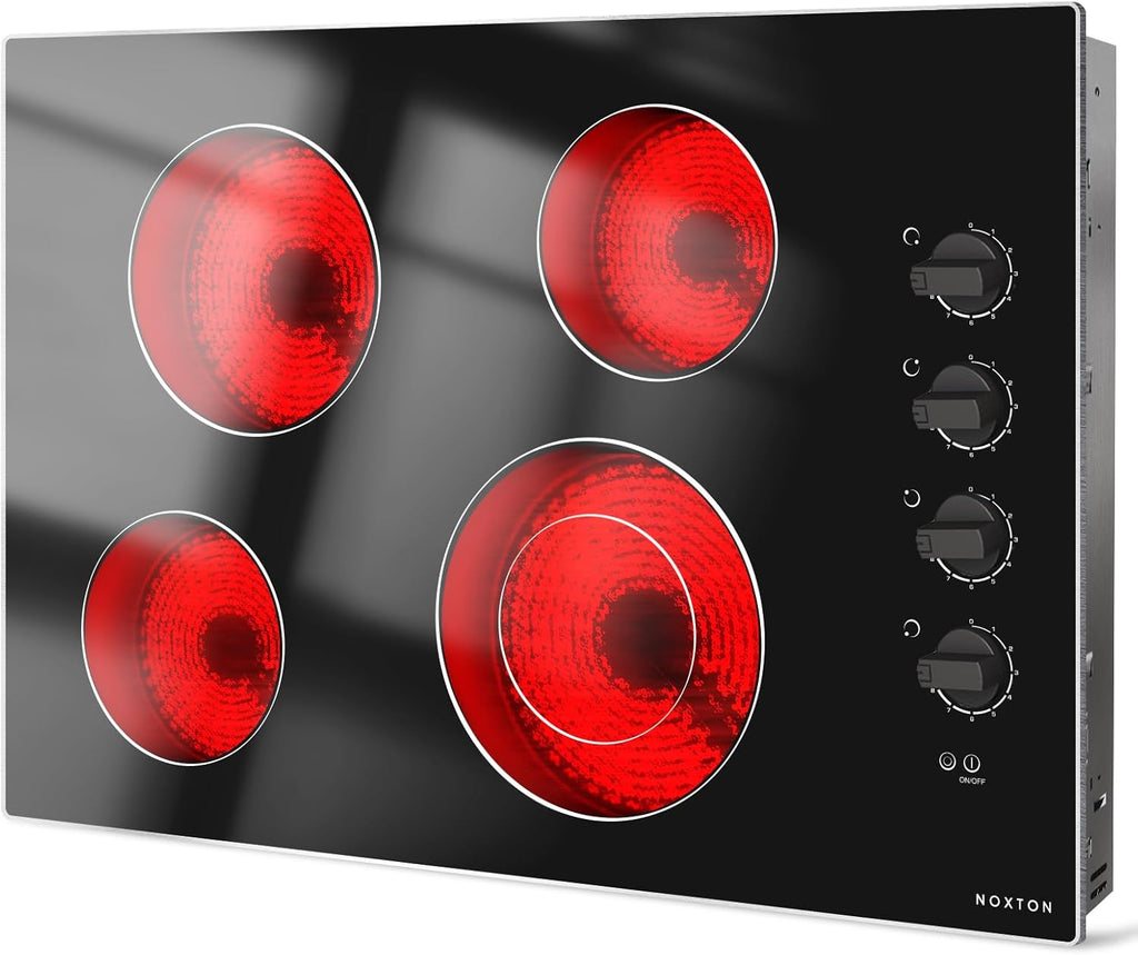 Noxton 30 Inch Electric Cooktop, 4 Burner Ceramic Cooktop with Glass Protection Metal Frame & Knob Control, Built-in Radiant Stove Top, Dual Ring Expandable Burner, 240V Hardwired for Seniors