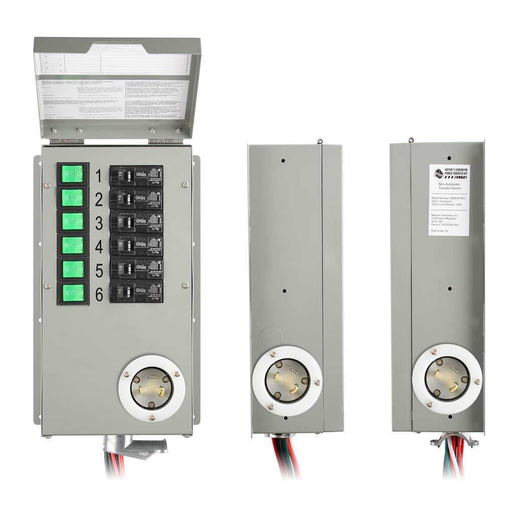 Nature's Generator Transfer Switch 6 Circuits 120V 30A Non-Automatic Power Transfer Kit(Indoor)+ 30A (NEMA TT-30R) to 15A (NEMA 5-15P) Adapter