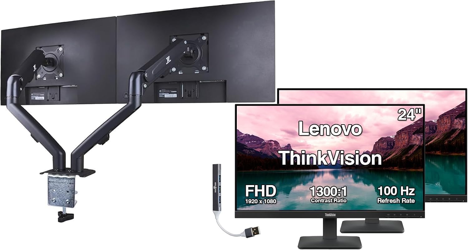 Lenovo ThinkVision 24' FHD IPS Monitor w/ 4ms Response Time, 100 Hz Refresh Rate, VESA Mount (100mm), Flicker Free, HDMI, Black 2 Pack w/DKZ Hub & ErgoFlexy Dual Mount Arm