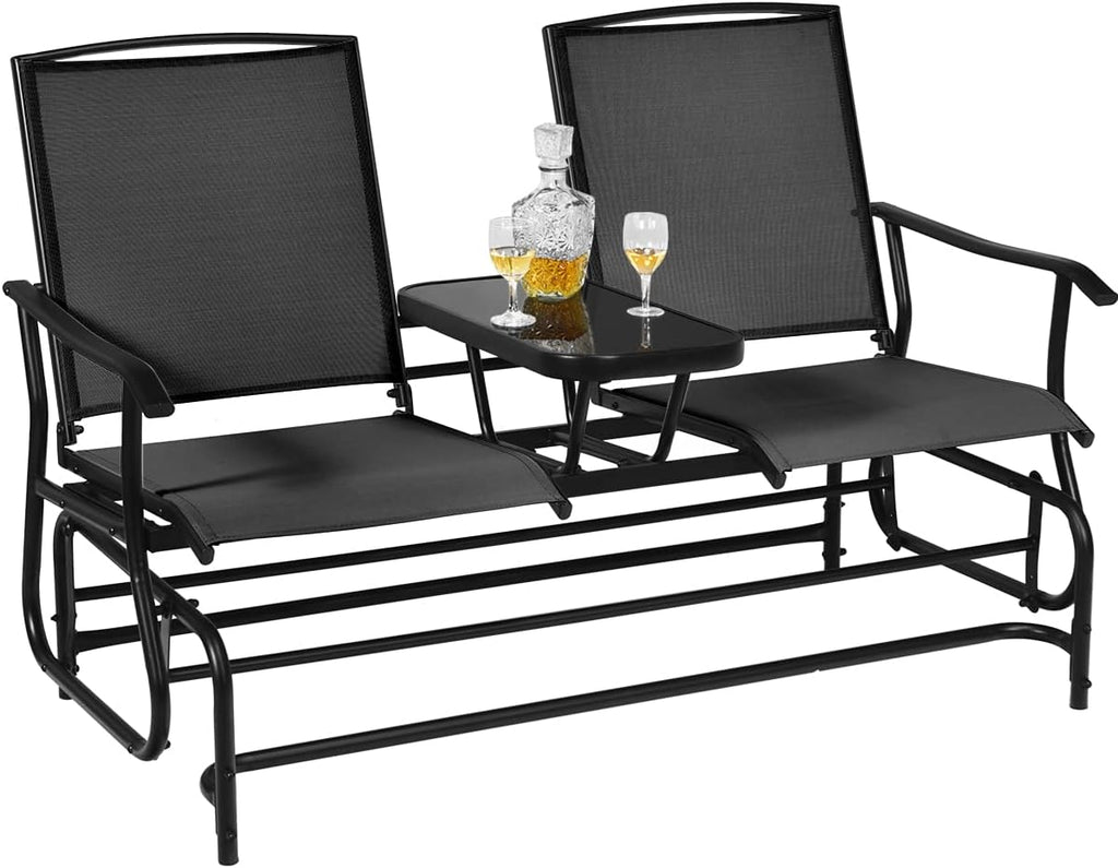 Giantex Patio Bench Glider Chair with Metal Frame, Center Tempered Glass Table, Outside Double Rocking Swing Loveseat for Porch, Garden, Poolside, Balcony, Lawn Rocker Outdoor Glider Bench(Black)