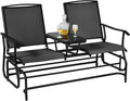 Giantex Patio Bench Glider Chair with Metal Frame, Center Tempered Glass Table, Outside Double Rocking Swing Loveseat for Porch, Garden, Poolside, Balcony, Lawn Rocker Outdoor Glider Bench(Black)