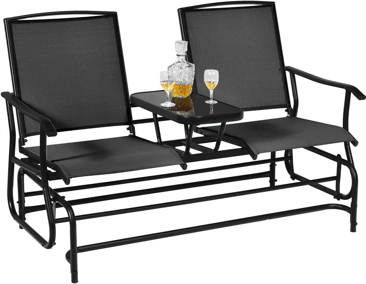 Giantex Patio Bench Glider Chair with Metal Frame, Center Tempered Glass Table, Outside Double Rocking Swing Loveseat for Porch, Garden, Poolside, Balcony, Lawn Rocker Outdoor Glider Bench(Black)