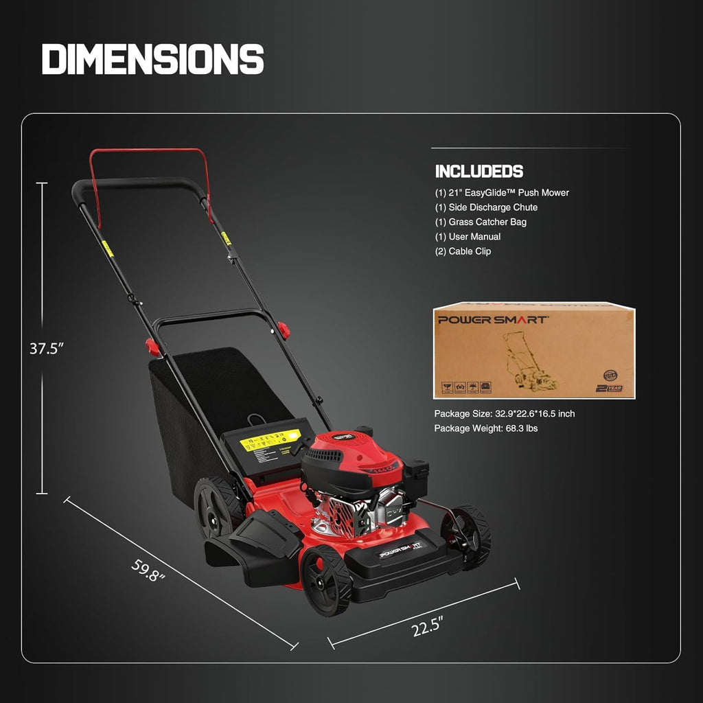 PowerSmart Gas Push Lawn Mower 21-inch 144cc 4-Stroke Engine with Easy Adjustable Cutting Height, High Wheels, 2-in-1 with Mulching, Rear Bagger