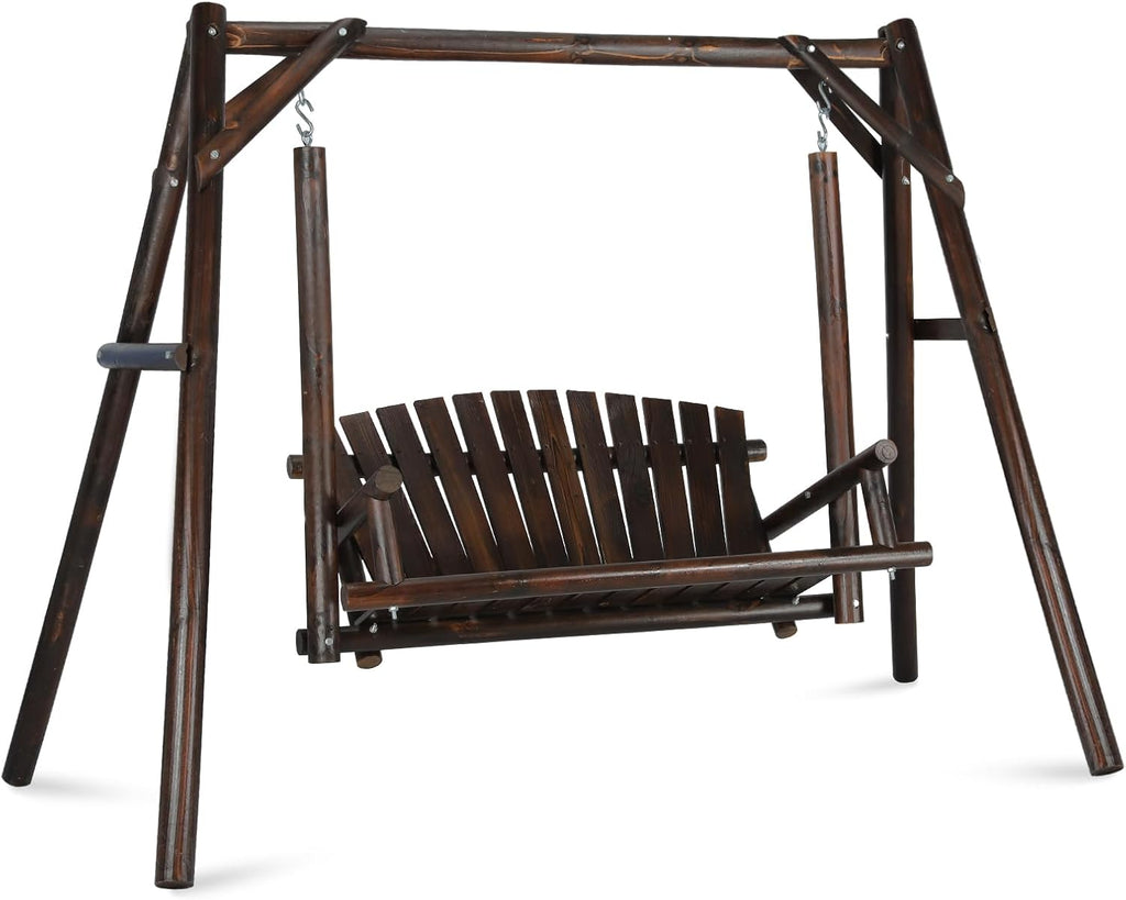 2-Seat Porch Swing, Wooden Log Patio Swings Chair Bench with Stand, Rustic Hardwood Swing Chair with Curved Back, Wood Seating Porch Swings for Outside Yard, Garden, Deck, Poolside, Carbonized