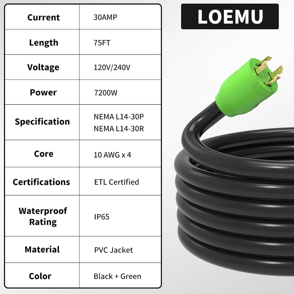 75FT 30 Amp Generator Extension Cord, NEMA L14-30P/L14-30R 10 Gauge Twist Lock Cord 4 Prong, STW Heavy-Duty Waterproof Generator Cord Black