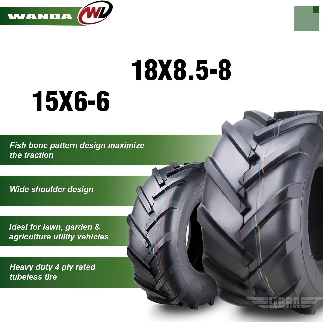 WANDA Set 4 15X6-6 & 18X8.5-8 Lawn Mower Agriculture Farm Tractor Tires Super Lug 4 Ply-13078/13079