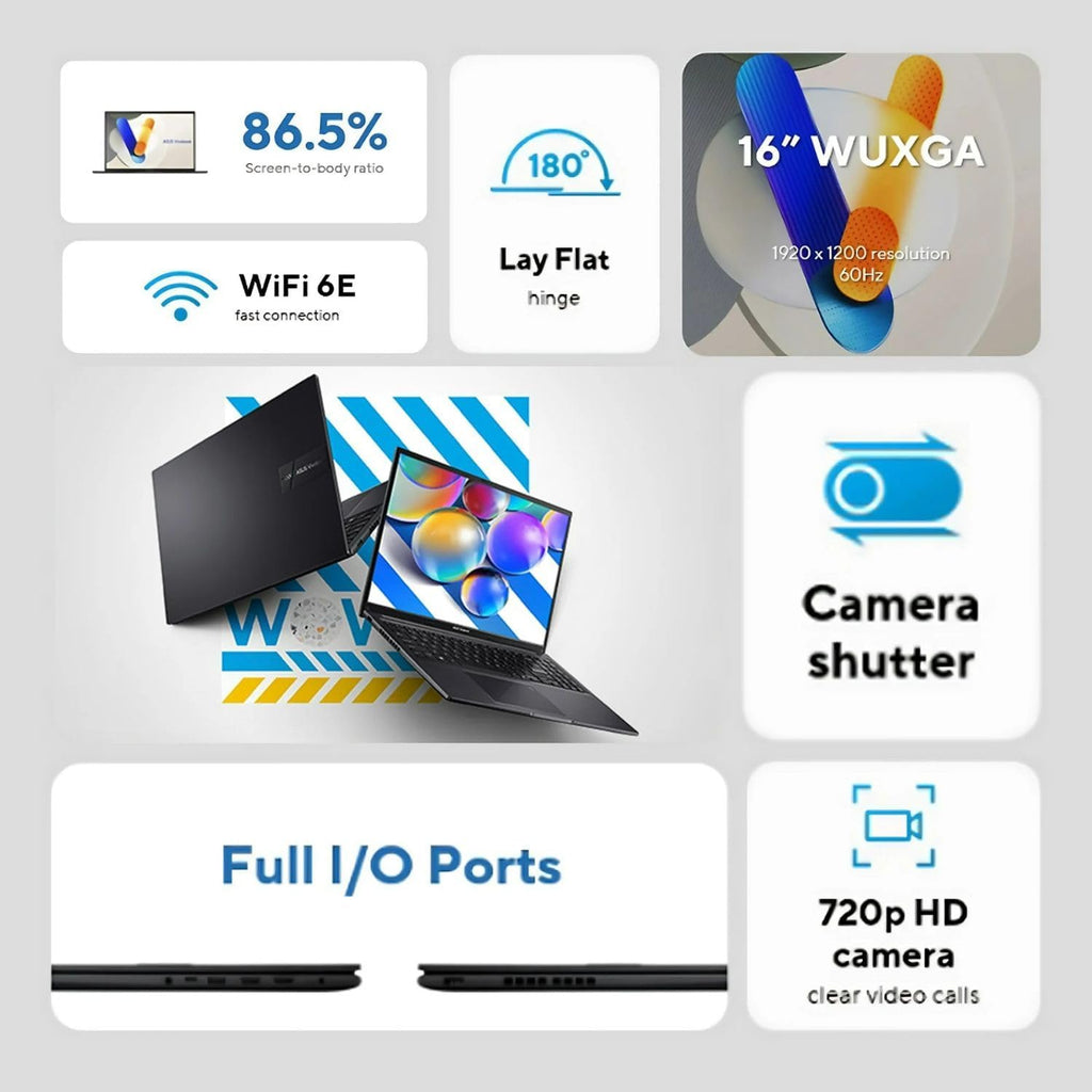 ASUS Vivobook 16' WUXGA Laptop Intel Core i7-1355U 16GB RAM 512GB SSD Intel Iris Xe Graphics Lightweight Portable Notebook Black Windows 11