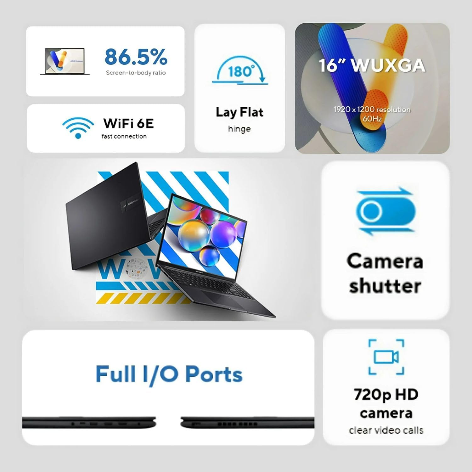 ASUS Vivobook 16' WUXGA Laptop Intel Core i7-1355U 16GB RAM 512GB SSD Intel Iris Xe Graphics Lightweight Portable Notebook Black Windows 11
