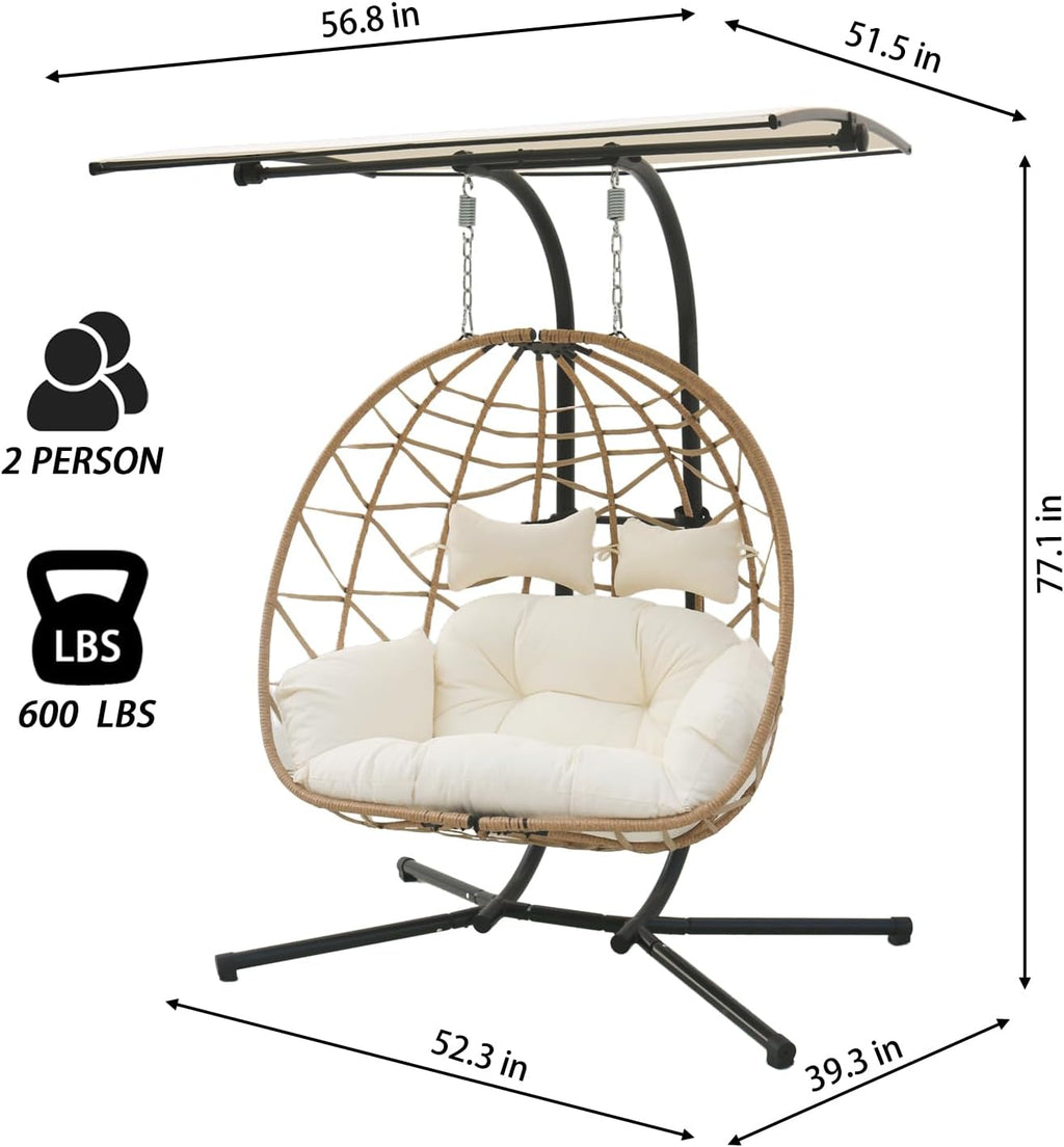 2 Person Hanging Egg Chair with Canopy, Outdoor Rattan Swing Hammock Basket Chair with Soft Cushion, Wicker Egg Chair for Outdoor Patio, Balcony, Garden (White)