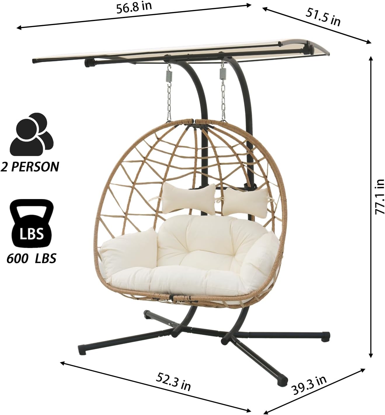 2 Person Hanging Egg Chair with Canopy, Outdoor Rattan Swing Hammock Basket Chair with Soft Cushion, Wicker Egg Chair for Outdoor Patio, Balcony, Garden (White)