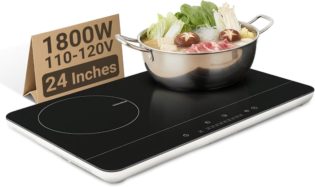 K&H 2 Burner Double Dual 24 Inch Induction ULTRA SLIM Electric Stove Top Ceramic Cooktop White 120V 1800W IN-DD18-120S