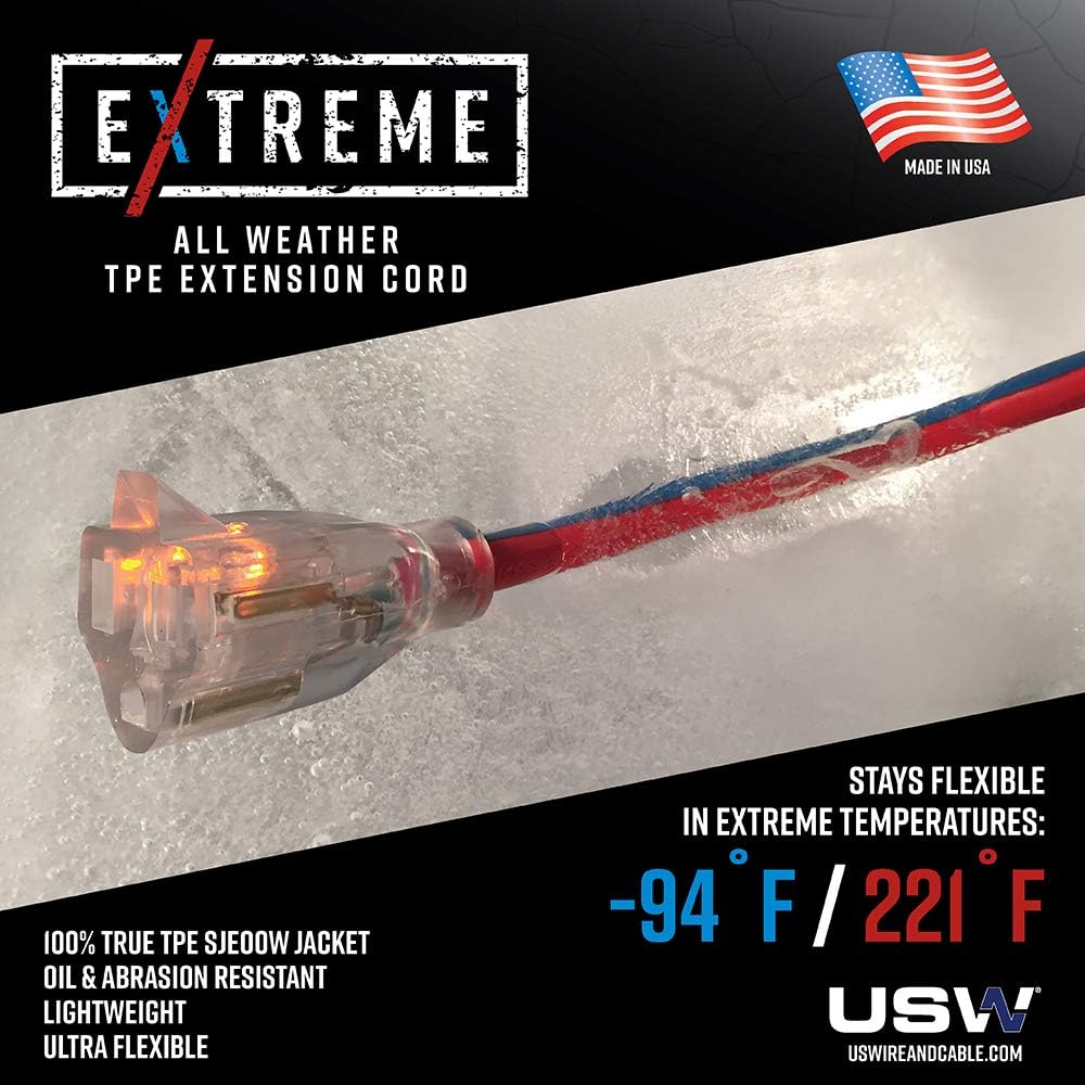 US Wire 99100 12/3 100-Foot SJEOW TPE Extreme Weather Extension Cord Blue with Lighted Plug