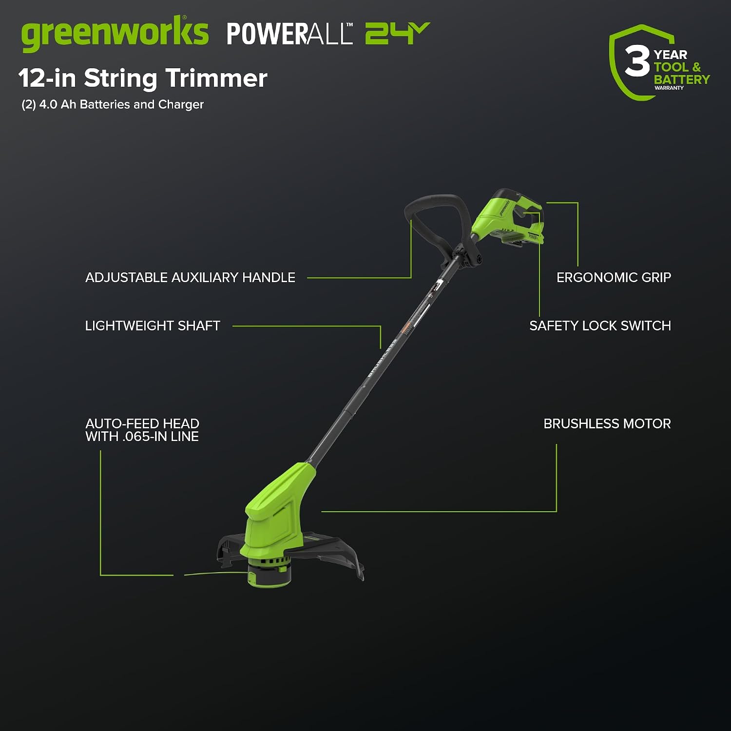 Greenworks 48V (24V x 2) 17' Brushless Push Mower + 270 CFM/130MPH Blower + 12' String Trimmer Combo with (2) 4.0Ah Batteries, 65W Type-C Charger & (2) 3-ft Cables