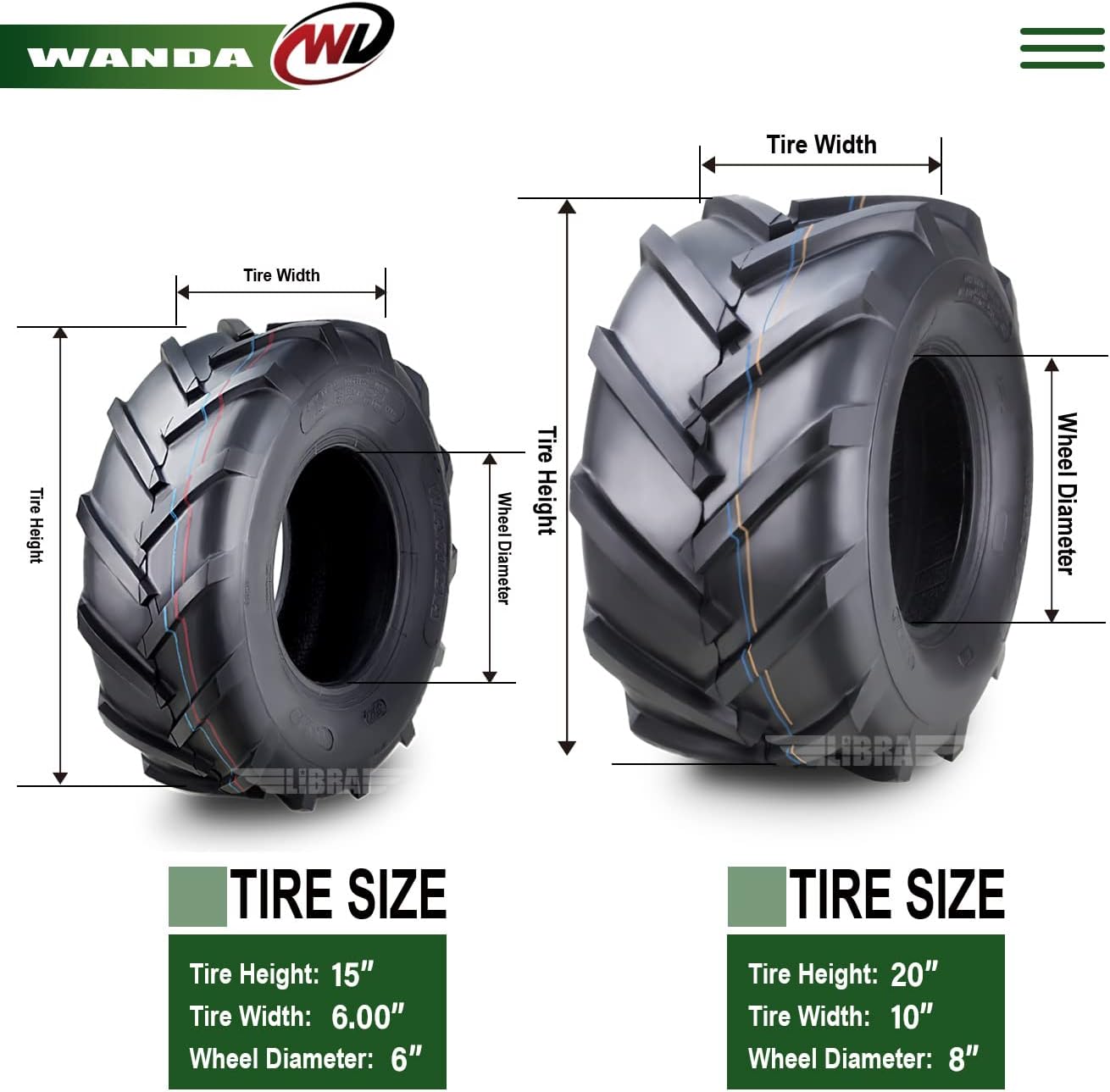 WANDA Set 4 15X6-6 & 20X10-8 Lawn Mower Agriculture Farm Tractor Tires Super Lug 4 Ply-13078/13071