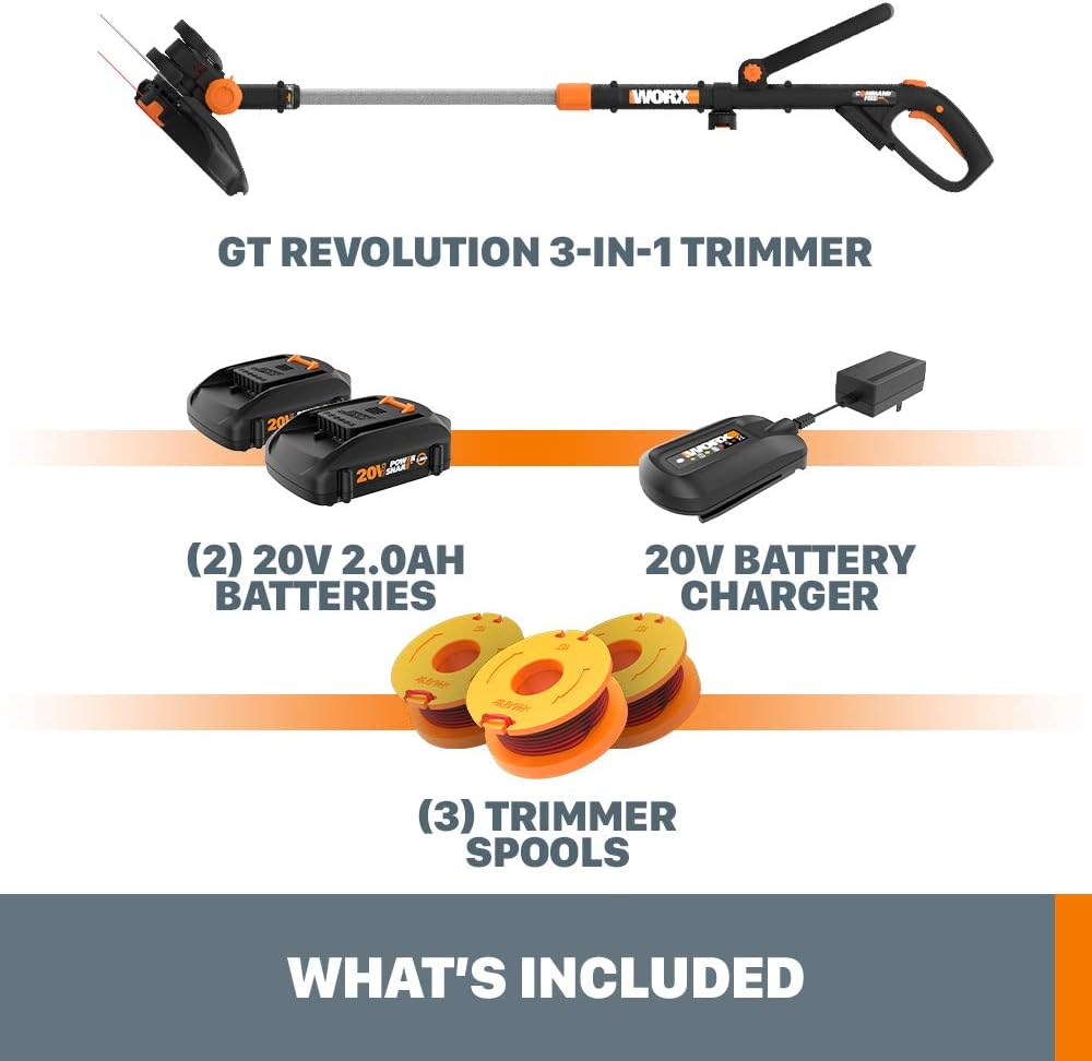 WORX 3 in 1 Cordless String Trimmer/Lawn Edger/Mini Mower, 12' Electric Weed Wacker with Command Feed, 20V Weed Eater with 5.5 LBS, 2 Batteries & Charger Included, WG170