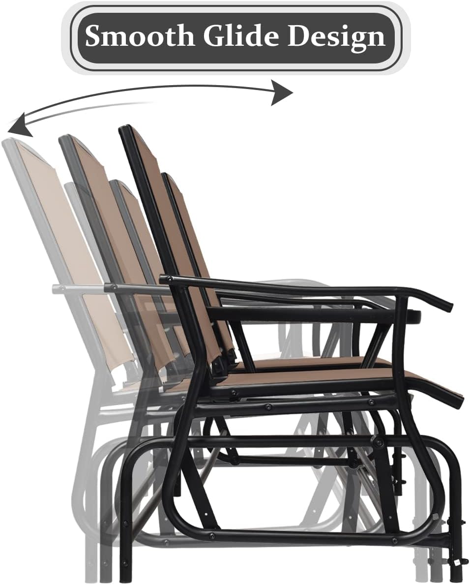 Giantex Patio Bench Glider Chair with Metal Frame, Center Tempered Glass Table, Outside Double Rocking Swing Loveseat for Porch, Garden, Poolside, Balcony, Lawn Rocker Outdoor Glider Bench(Brown)