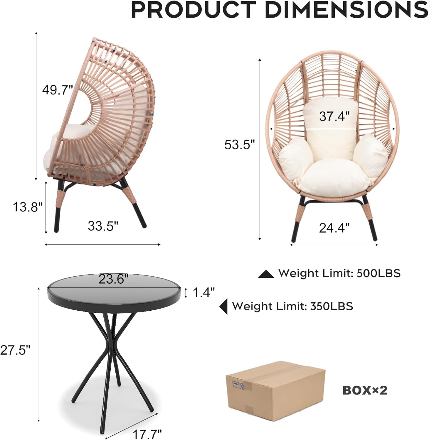 2 Person Oversized Wicker Egg Chair with Table Outdoor,Patio Lounge Chair with Thicken Cushions & Durable Steel Frame, Egg Basket Chair 500lbs Capacity for Garden, Backyard, Porch,Bedroom