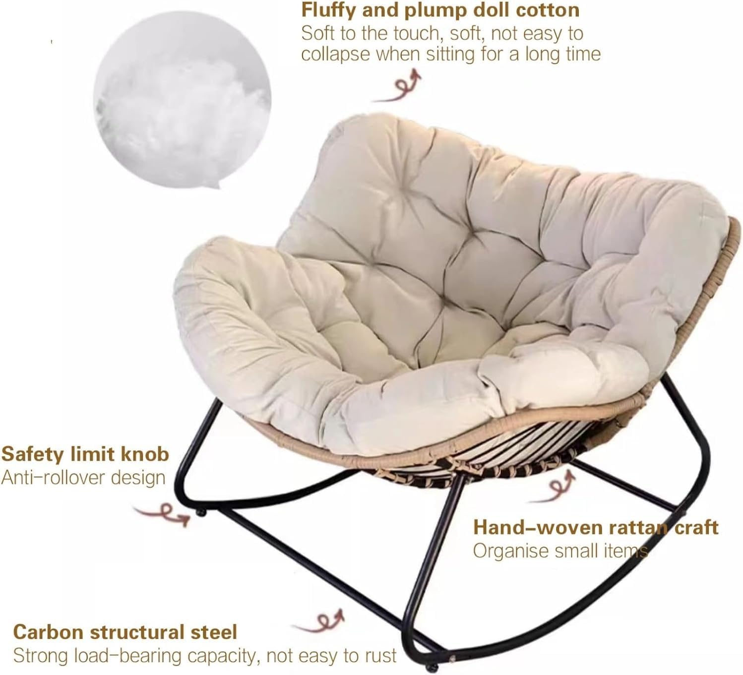 Oversized Egg Rocking Chair with Cushion, Patio Wicker Hanging Egg Chair with Padded Seat,Modern Rattan Rocker for Porch, Garden, Living Room, Bedroom(Green)