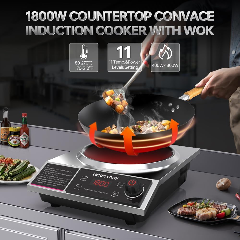leconchef Induction Cooker with Wok 1800W Professional Electric Induction Burner with 11-Level Setting for Cooking,24-hour Timer and Preset,Keep warm,14' Carbon Steel Wok Included