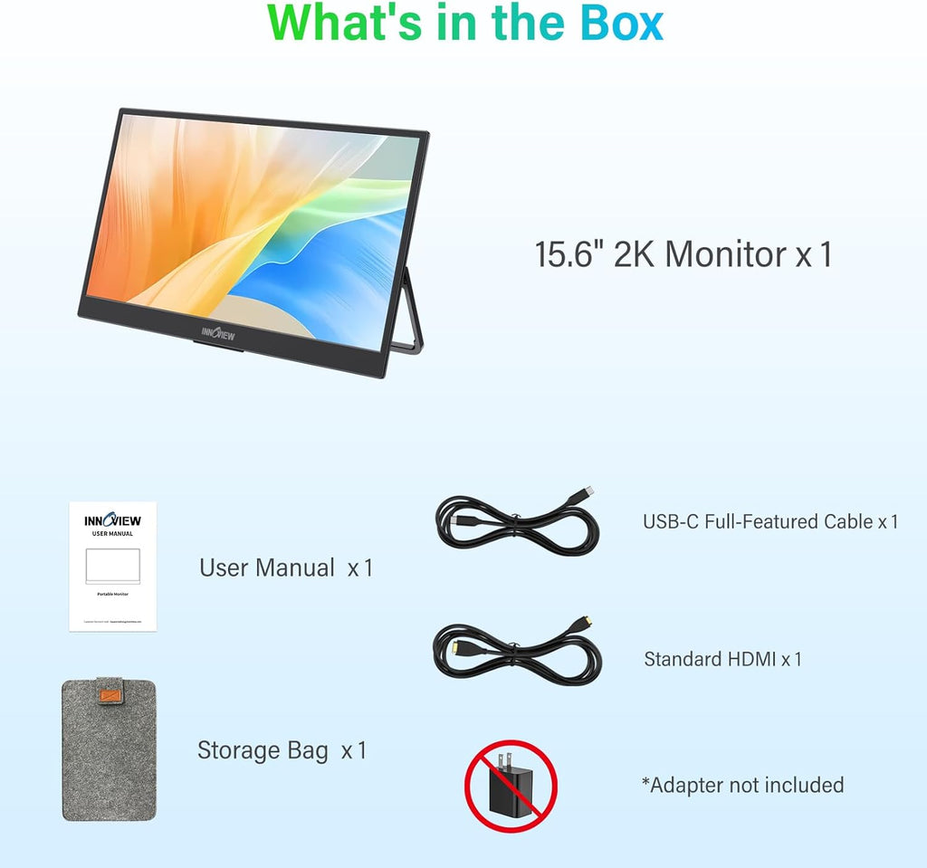 InnoView 2K Portable Monitor 15.6' QHD 100% sRGB, Built-in 180° Adjustable Stand Travel Monitor USB C Standard HDMI Ultra-Slim Portable Monitor for Laptop MacBook Phone PS Xbox Switch