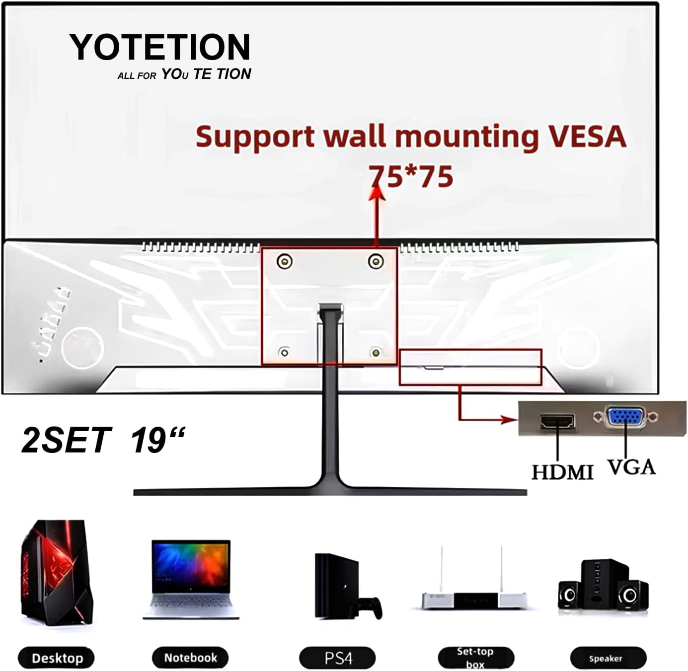 19 inch HD (1440x 900) Monitor,2Packs 60Hz Refresh Rate, HDMI x1, Small Thin Monitor for laptops, Computers and desktops,LED Display, VGA/HDMI Connection.
