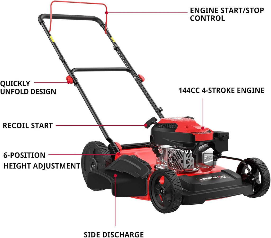 PowerSmart EasyCut 21-Inch Gas Lawn Mower, 144cc 4-Stroke OHV Engine, 2-in-1 Push Mower with Mulching & Side-Discharge