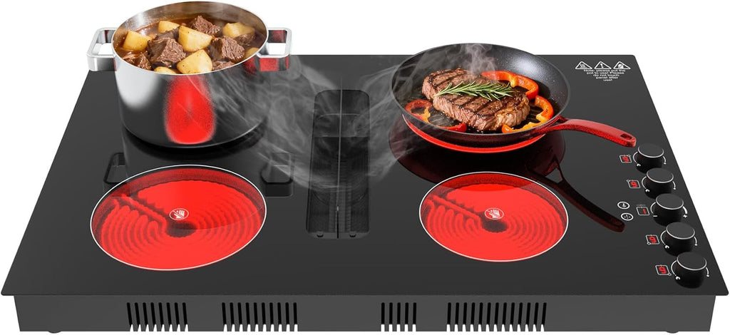 30 Inch Electric Cooktop with Downdraft: 4 Burner 220V Electric Stove Top with 10 Power Levels, Safety Lock - 6000W Built-In Cooktop for Kitchen Island