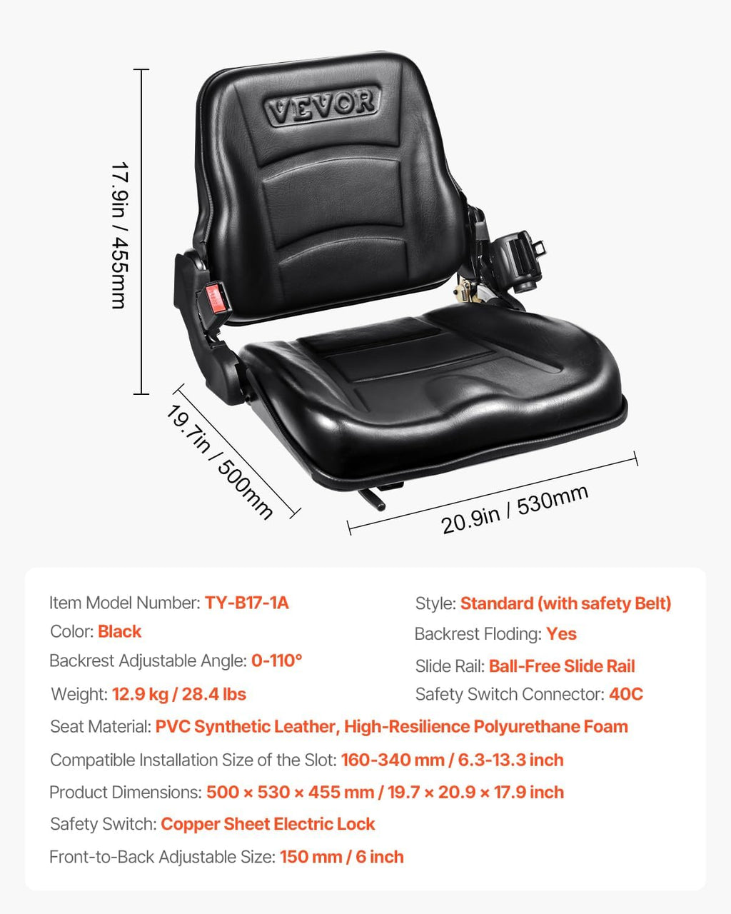 VEVOR Universal Forklift Seat, Tractor Seat with Adjustable Backrest & Safety Belt, Secure Micro Switch Design, Wear-Resistant PVC Mower Seat for Tractor Excavator, Skid Loader