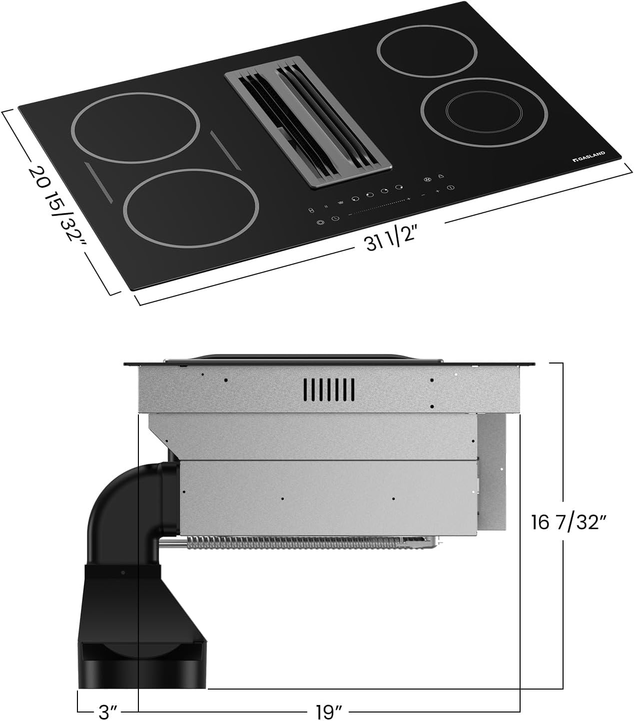 GASLAND Electric Cooktop with Downdraft 31.5 Inch(80cm), 4 Burners Glass Radiant Stovetop 220V, 3-speed Max. 330 CFM Downdraft Exhaust
