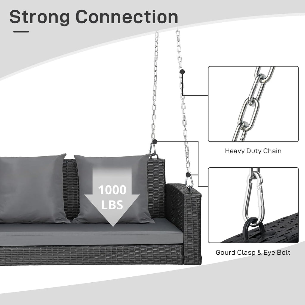 Outvita Porch Swing, 5FT Hanging Outdoor Porch Swings for Adults, Wicker 3 Person Patio Swing, with Cushion, Pillow and Chain for Garden, Backyard, Weight Capacity - 1000lbs