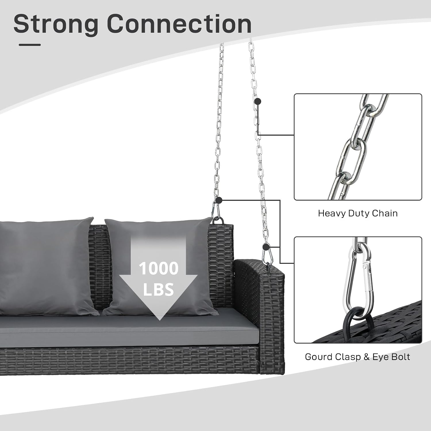 Outvita Porch Swing, 5FT Hanging Outdoor Porch Swings for Adults, Wicker 3 Person Patio Swing, with Cushion, Pillow and Chain for Garden, Backyard, Weight Capacity - 1000lbs