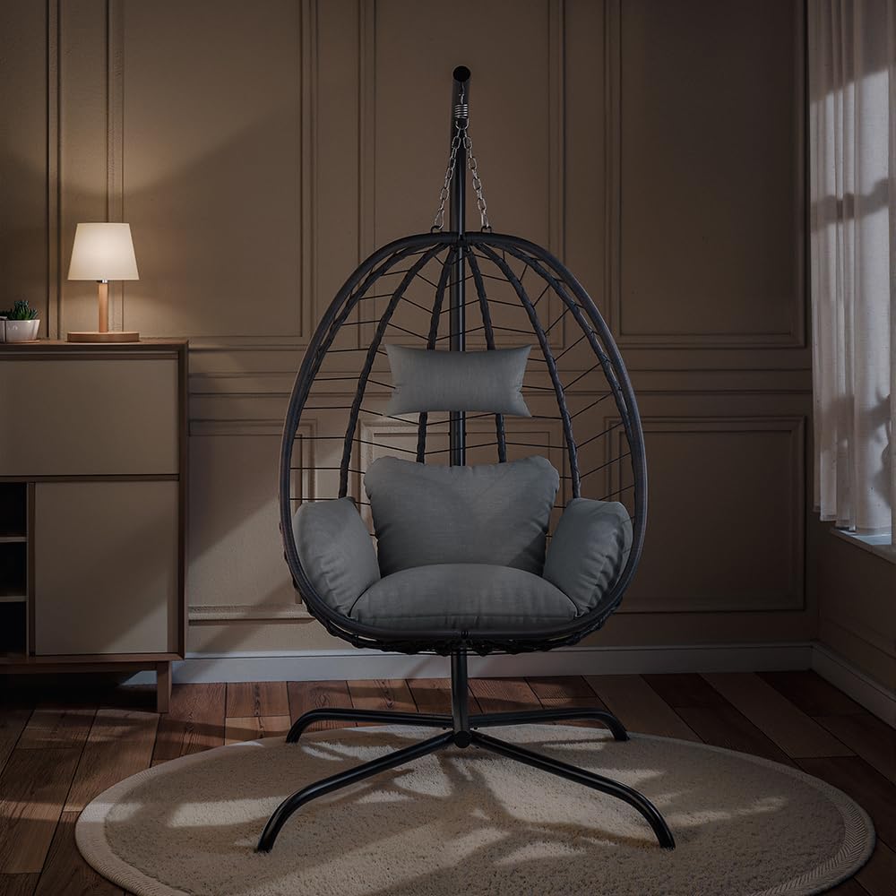 Kurapika Egg Swing Chair Indoor Outdoor Patio Wicker Rattan Hanging Egg Chair with Stand, Hammock Swing with Cushioned Headrest, 350LB Capacity for Bedroom, Balcony, Garden,Deck (Grey)