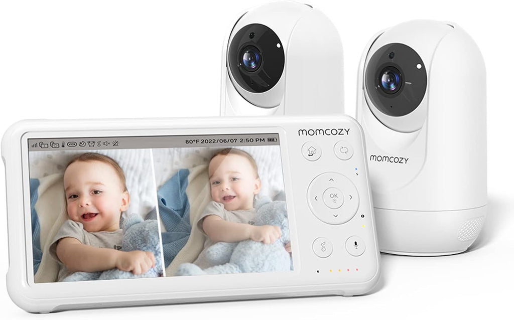 Momcozy Baby Monitor with 2 Cameras 5'' 1080P Split Screen Video Baby Monitor with Camera and Audio no WiFi for Baby Safety 5000mAh Battery Infrared Night Vision 2-Way Audio 960ft Range Ideal Gift