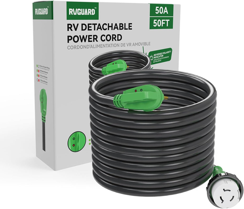 RVGUARD 50 Amp 50 Foot RV Power Cord with Reverse Polarity Indicator, 14-50P to SS2-50R Generator Extension Cord, Heavy Duty STW Cord with LED Power Indicator and Cord Organizer, Green, ETL Listed