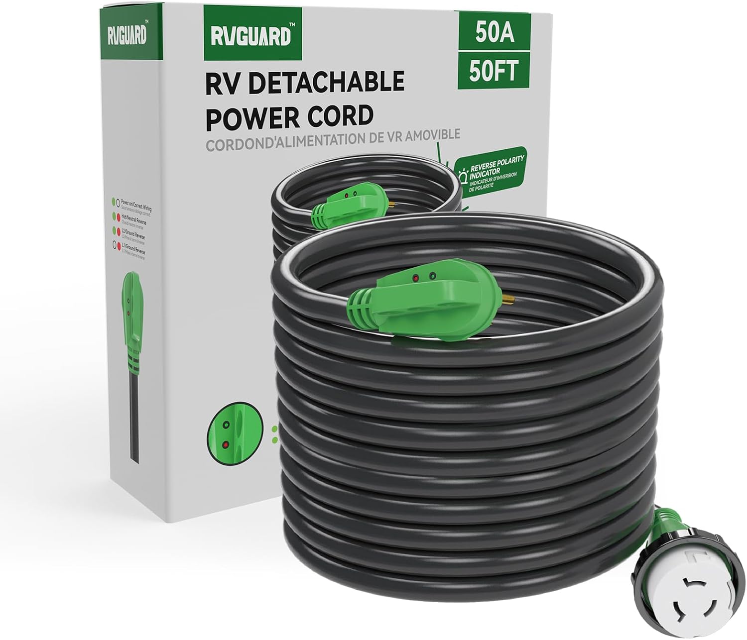 RVGUARD 50 Amp 50 Foot RV Power Cord with Reverse Polarity Indicator, 14-50P to SS2-50R Generator Extension Cord, Heavy Duty STW Cord with LED Power Indicator and Cord Organizer, Green, ETL Listed