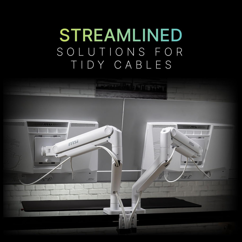MSI MAG MT201DW - Premium Heavy Duty Dual Monitor Stand Arms, 17-45' Support, VESA Compatible, Adjustable Spring Assisted Mount, 44 lbs per Screen, Clamp & Grommet, Quick Release Plate - White