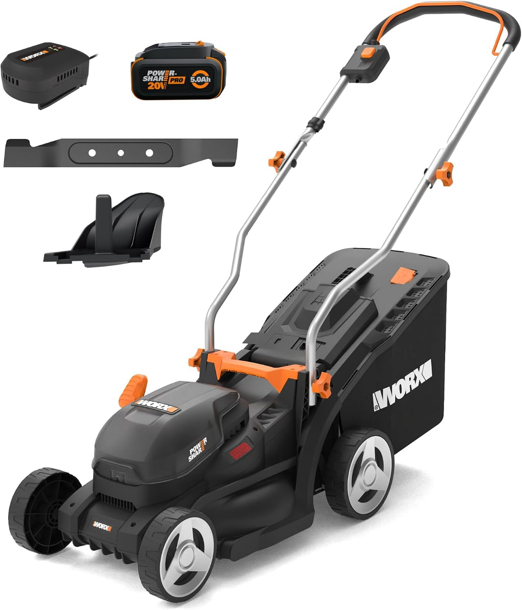 WORX Cordless Lawn Mower, 14'' Electric Mower with Mulching & Bagging, 20V Push Lawn Mower with 6-Position Height Adjustment, 5.0 Ah Battery & Charger Included, WG733.1