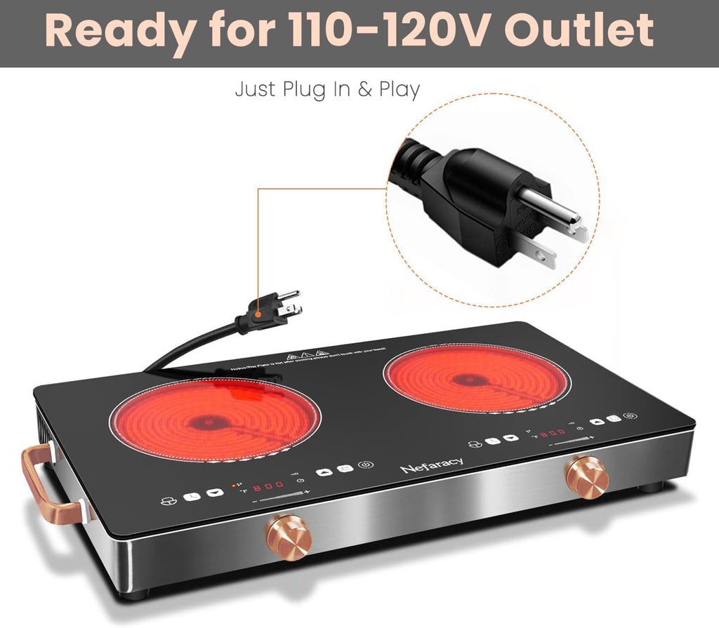 2 Burner Electric Cooktop 24 inch, 110-120V Plug in 2000W Ceramic Cooktop, Portable Electrics Stove with Handles,Touch & Knob Control, Safety Lock, 9 Heating Levels, 240Mins Timer, Overheat Protection
